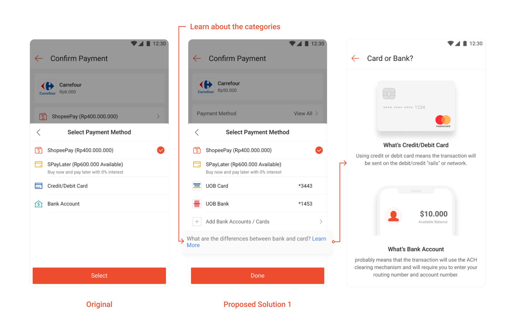 Proposed payment-method sheet with a Learn More entry that opens a Card or Bank explainer screen