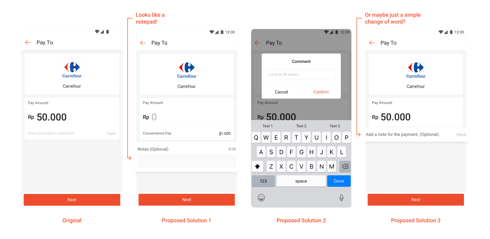 Original Pay To screen beside three proposed description-input solutions