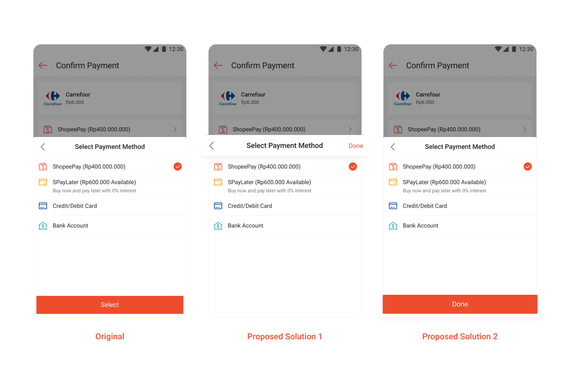 Original payment-method modal beside two proposed feedforward solutions with clearer actions