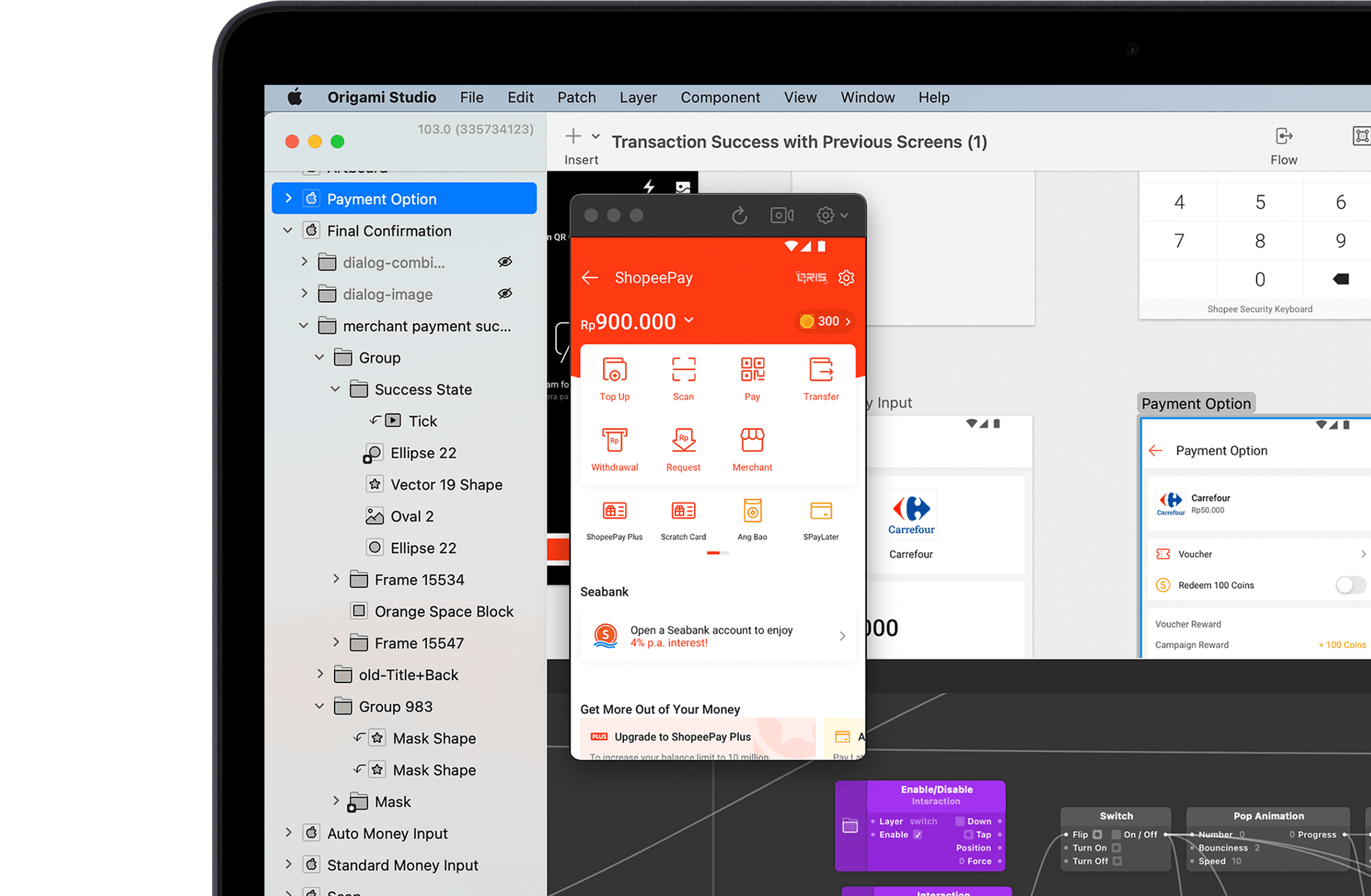 The ShopeePay flow built inside Origami Studio with a device preview and patch graph