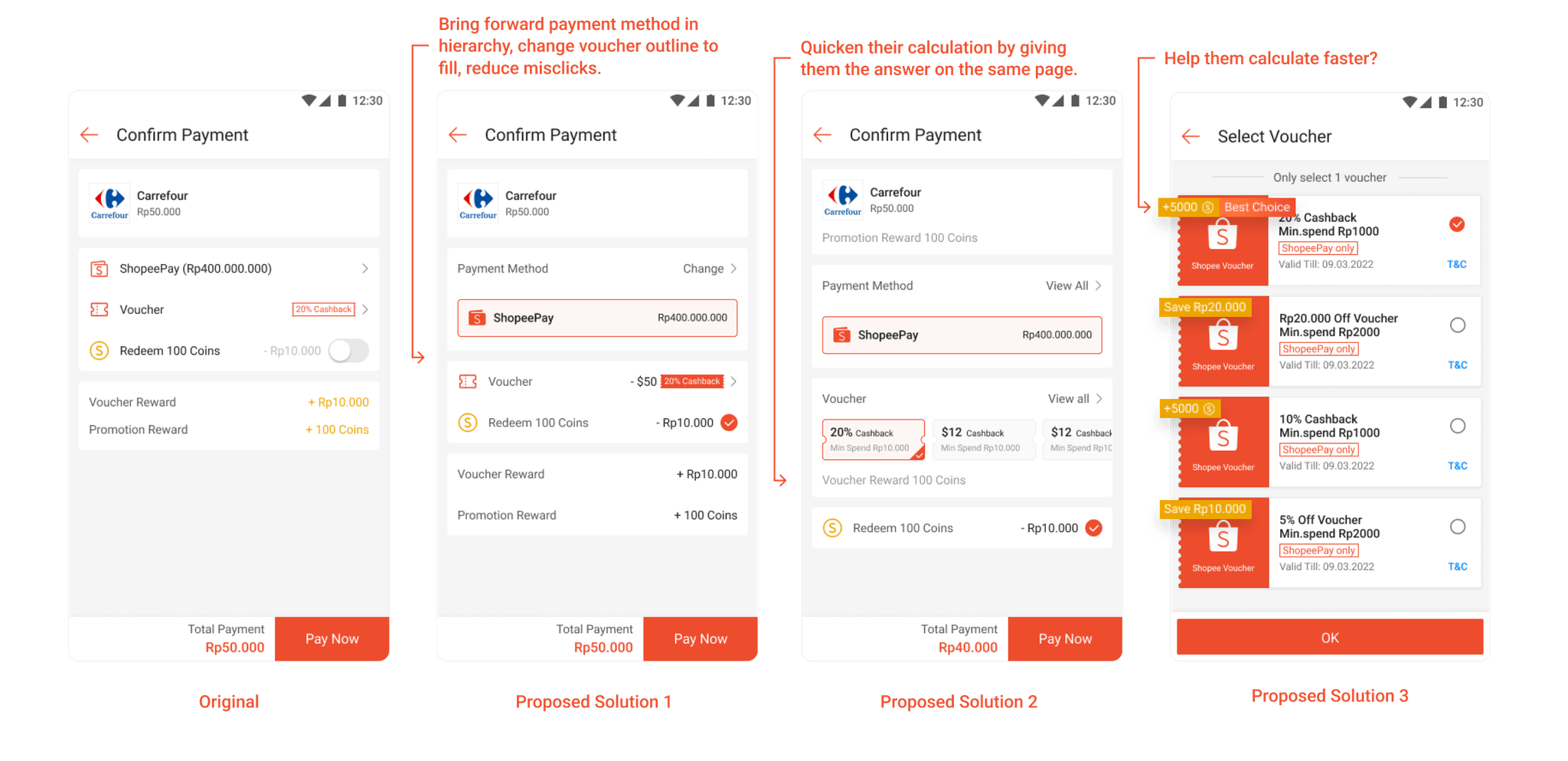 Original confirm-payment screen beside three proposed voucher-selection solutions