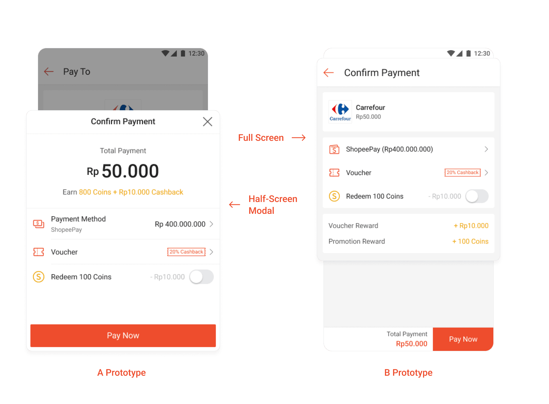 A prototype half-screen modal compared with the B prototype full-screen confirm payment