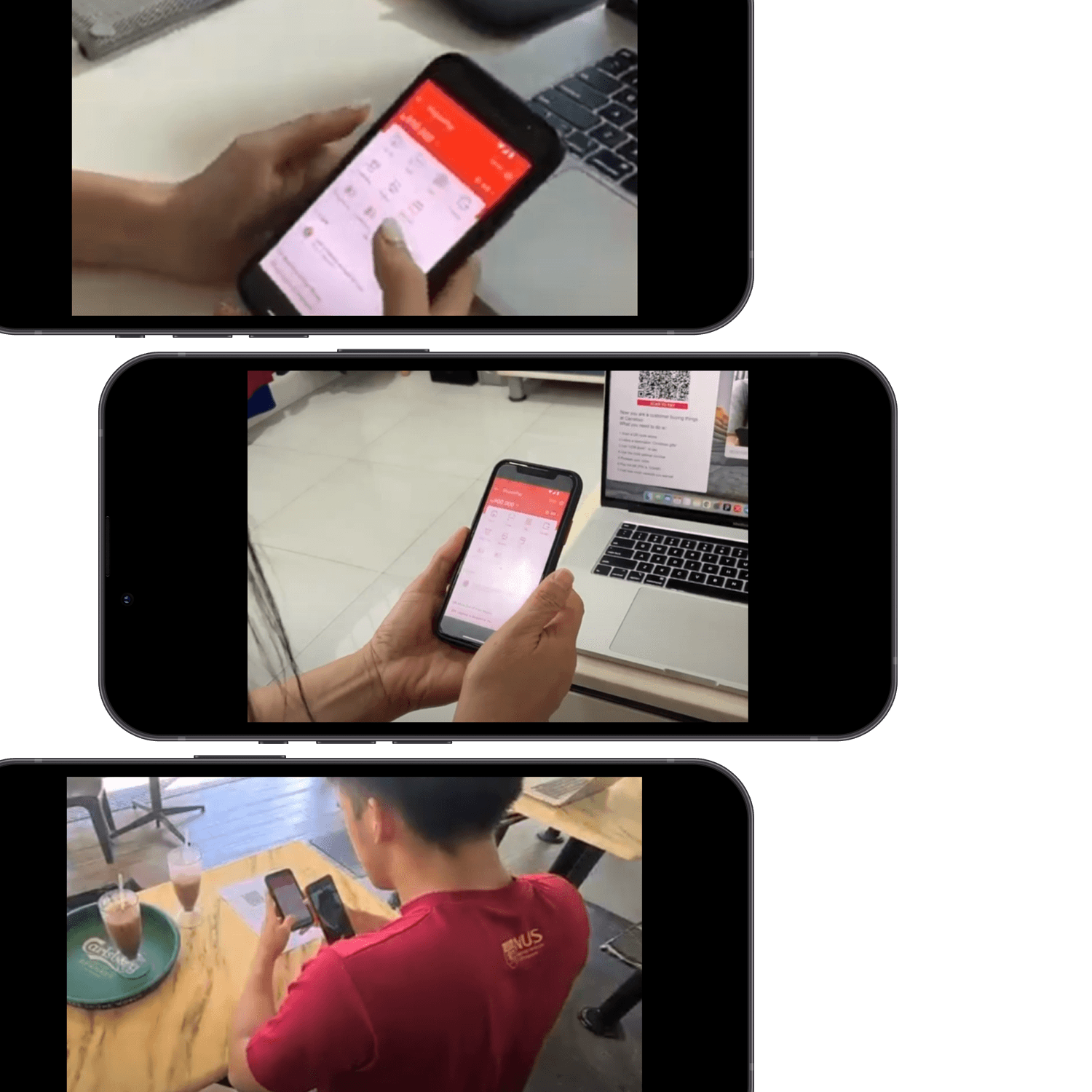 Three photos of participants of different ages testing the ShopeePay prototype on a phone