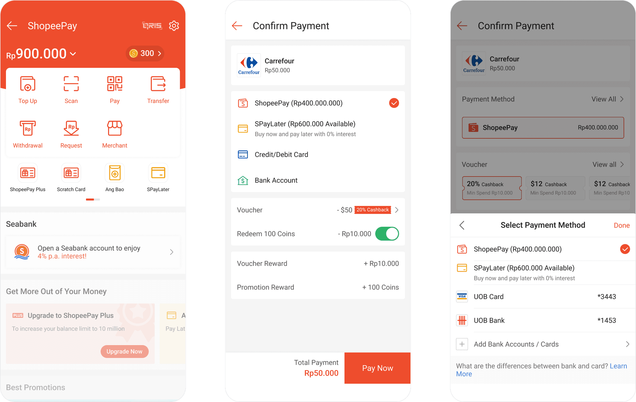 Three ShopeePay screens showing the wallet home and confirm-payment flow