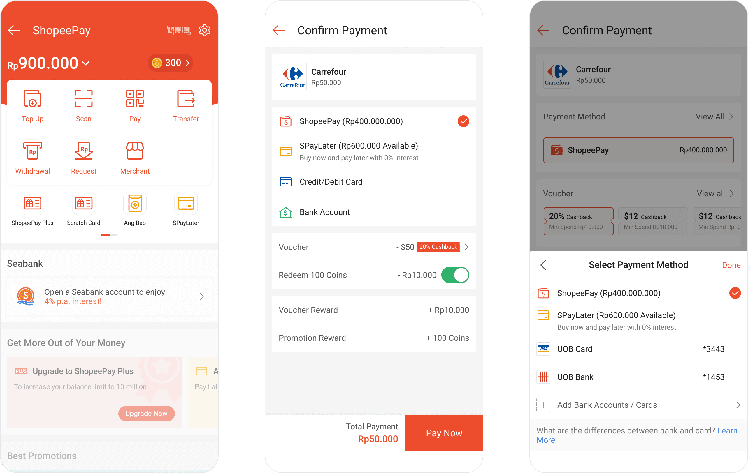 Three ShopeePay screens showing the wallet home and confirm-payment flow