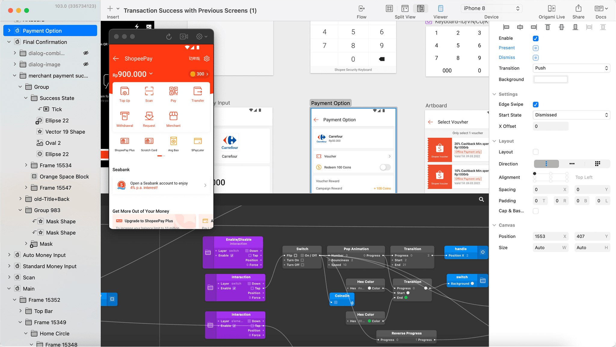 Origami Studio layer tree and interaction patches for the ShopeePay prototype