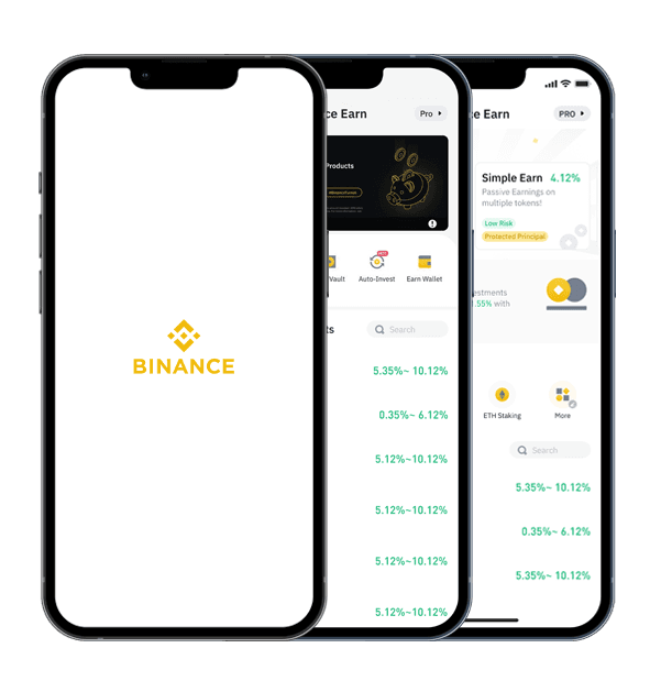 Three phones previewing the redesigned Binance Earn mobile homepage