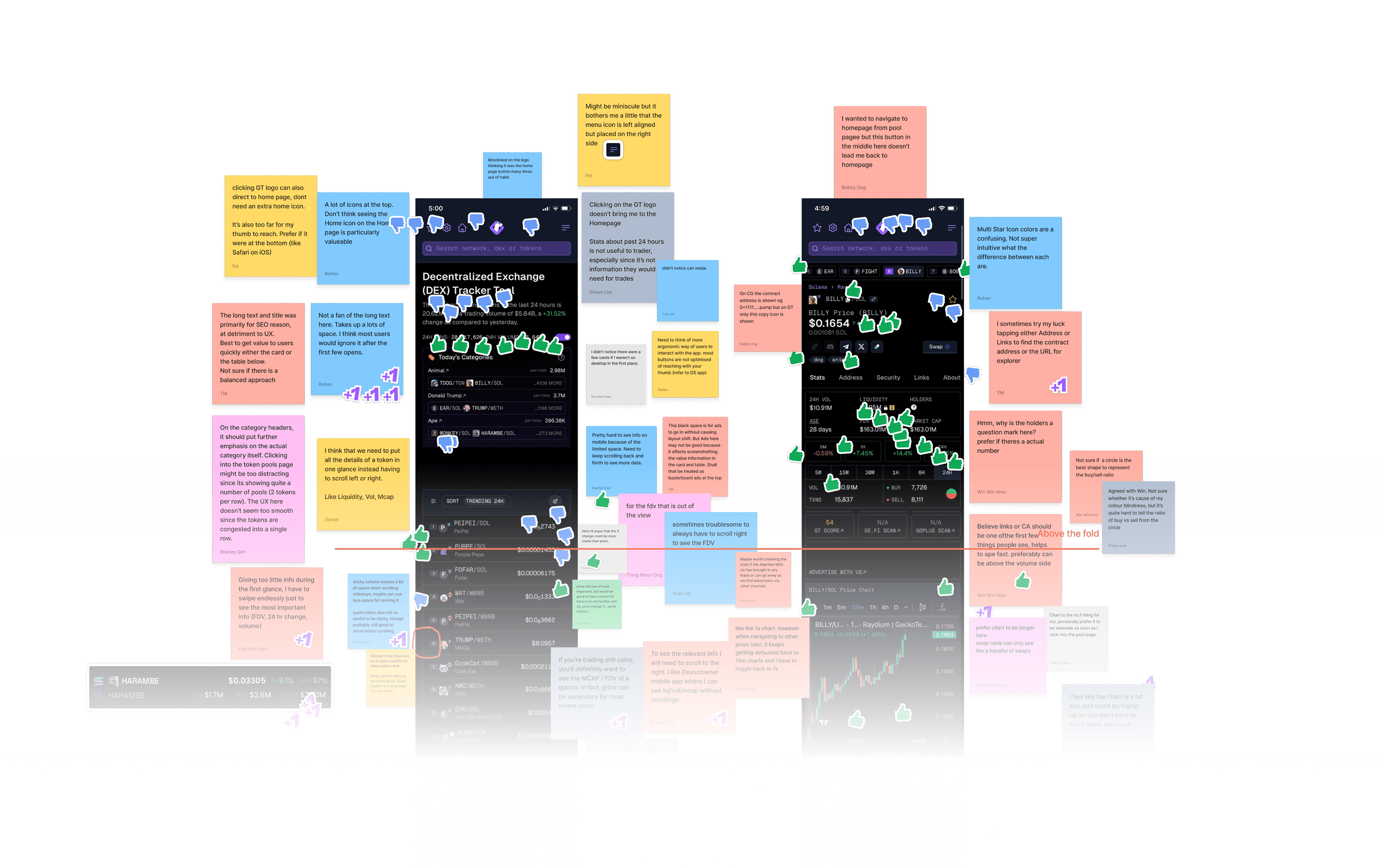 Design critique session with sticky notes on GeckoTerminal mobile screens