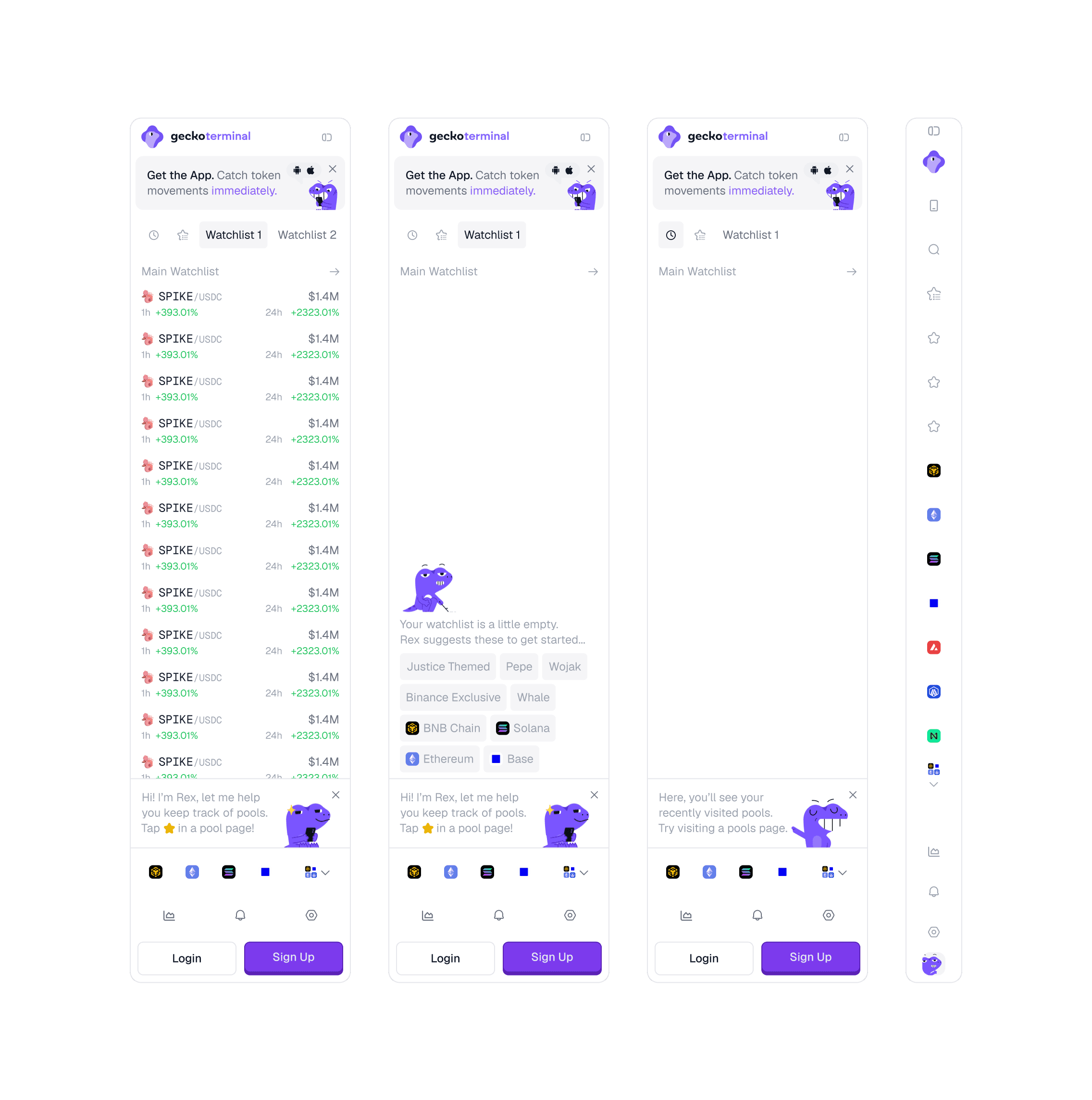 GeckoTerminal mobile screens and sidebar using Neptune