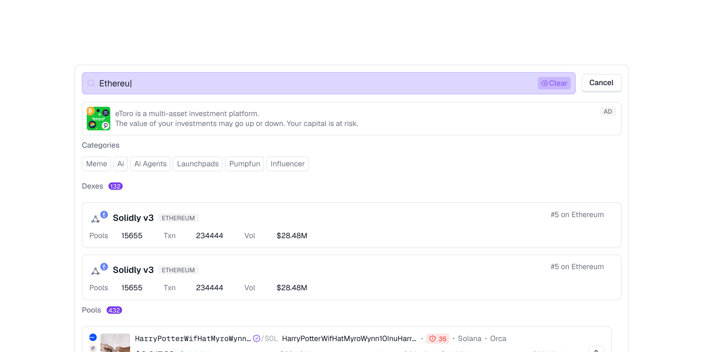 GeckoTerminal search results built with Neptune components