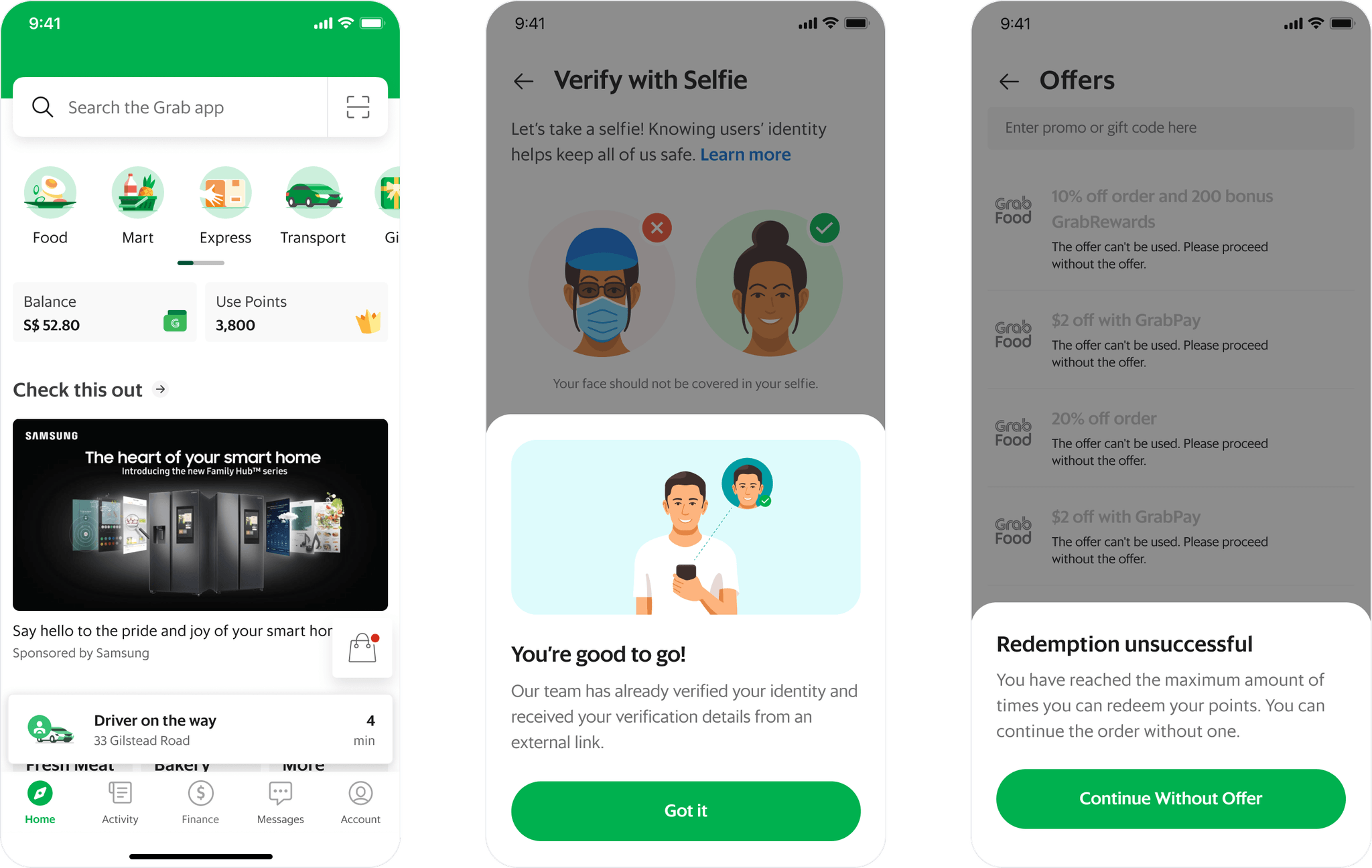 Three Grab app screens showing the home feed and two identity-verification success states