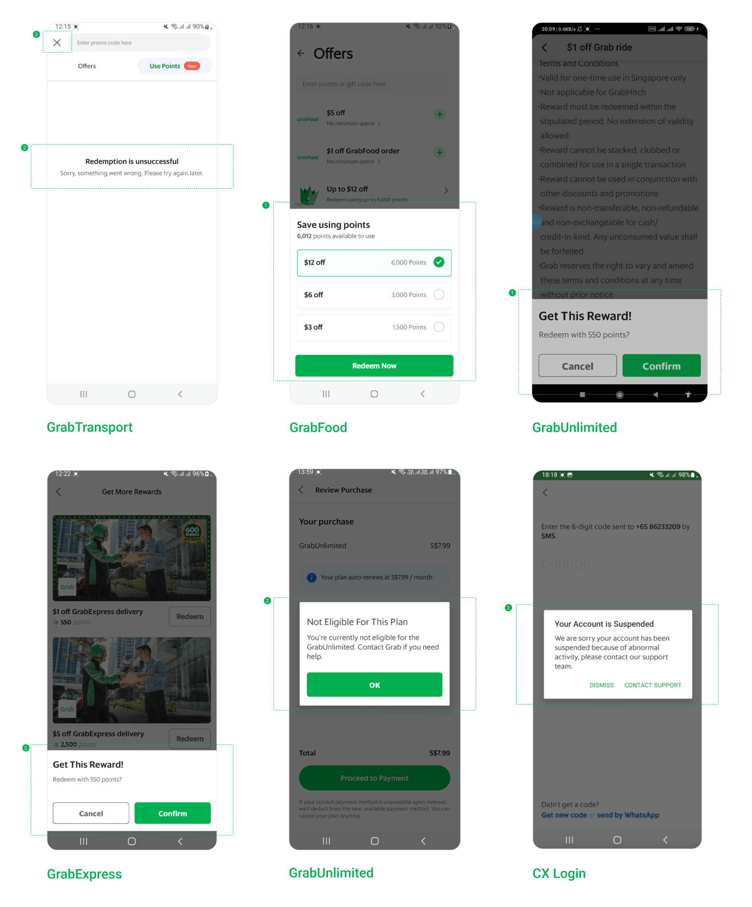Six Grab screens across GrabTransport, GrabFood, GrabUnlimited, GrabExpress and login showing full-screen, popup and bottom-sheet error states
