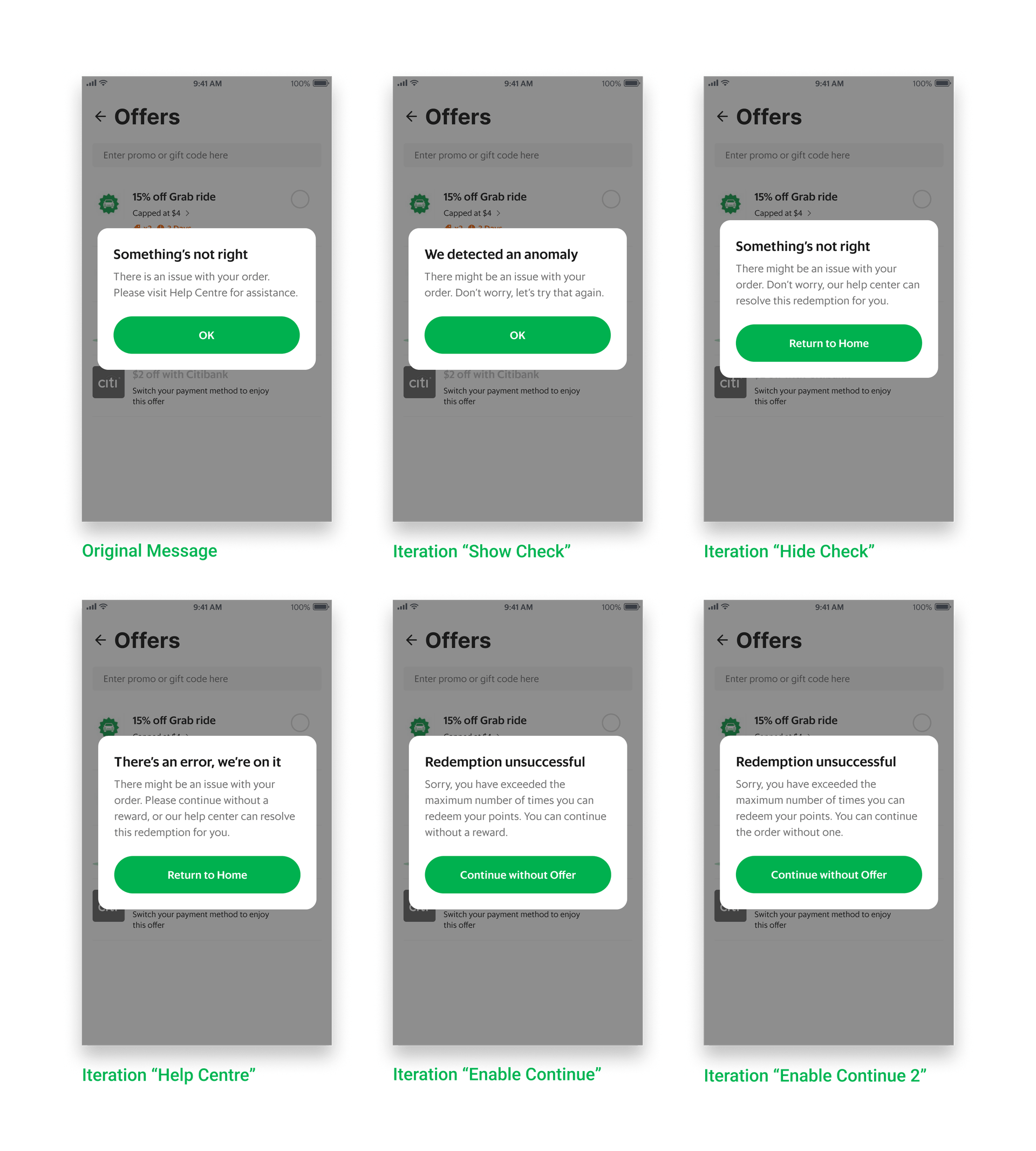 Six message iterations from the original message through Show Check, Hide Check, Help Centre, Enable Continue and Enable Continue 2