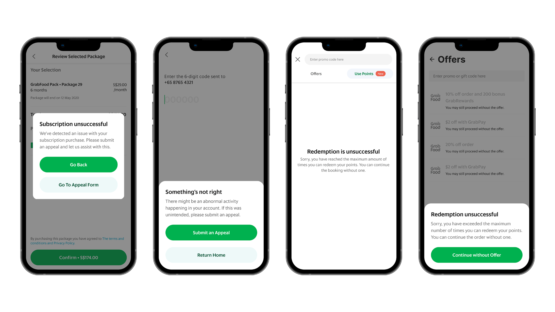 Four phone screens showing the error message contextualised across subscription, verification appeal and rewards flows