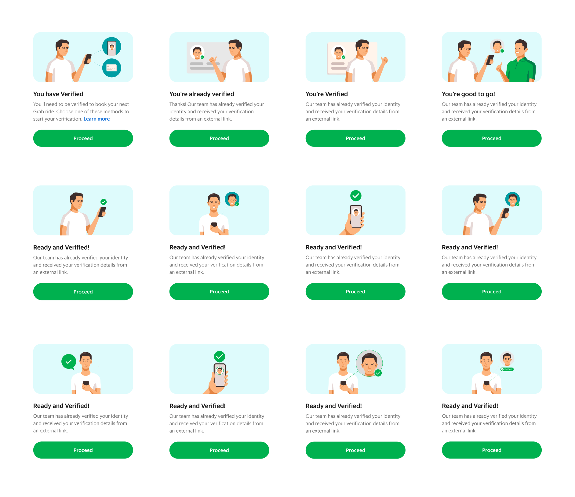 A grid of identity-verification success states reused across verticals with a Proceed action