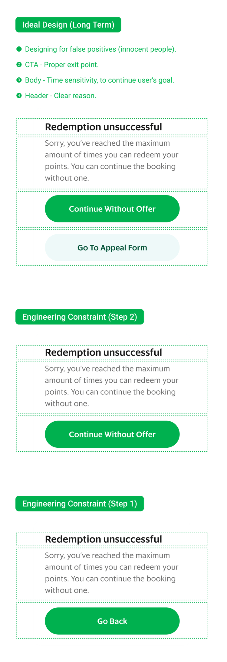Three fidelity levels of the redemption message: the ideal long-term design and two scaled-down engineering-constrained steps